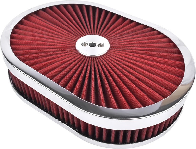 TEKKOAUTO 12" x 2'' Oval Super Flow Thru Air Cleaner with Washable Red Element Chrome Trim for 5-1/8" Carb Neck - Image 3
